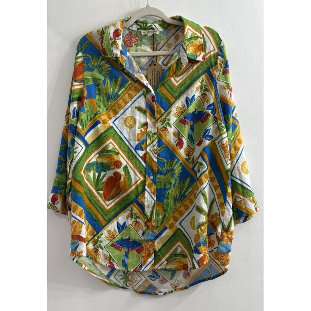 NWT Christian Siriano NY Womens XL Linen Blend Shirt Fruit Bird Print Button Up - Picture 1 of 12